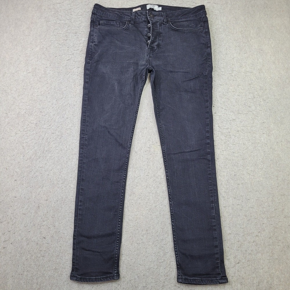 Topman Jeans Mens 33x29 Black Denim Stretch Skinny Leg Button Fly Distressed‎